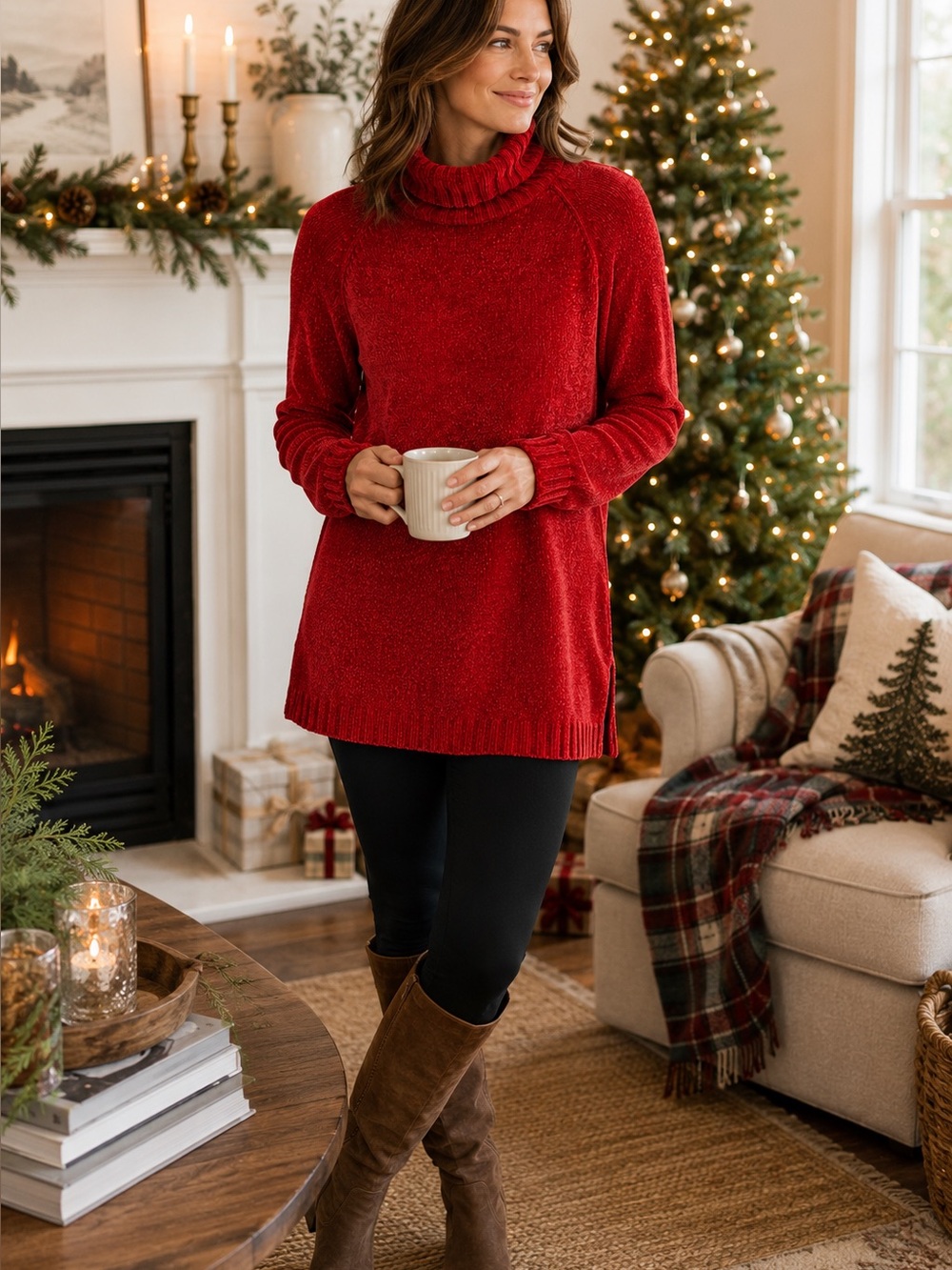 Chico’s Red Chenille Turtleneck Sweater Size 1 Soft Cozy Long Sleeve